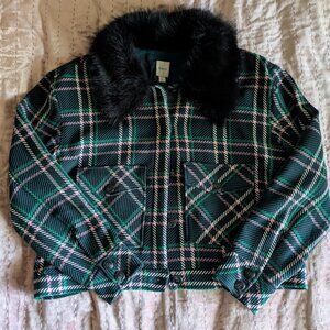 Anthropologie / Maeve Plaid Jacket with Faux Fur Collar